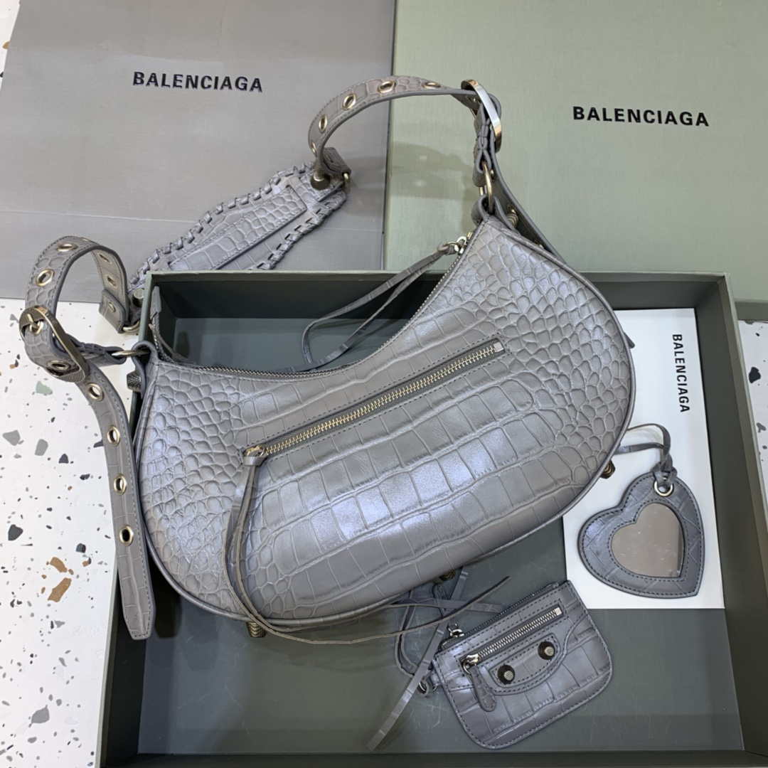 Balenciaga 67130723 Le Cagole Small Shoulder Crocodile Embossed Bag in Grey