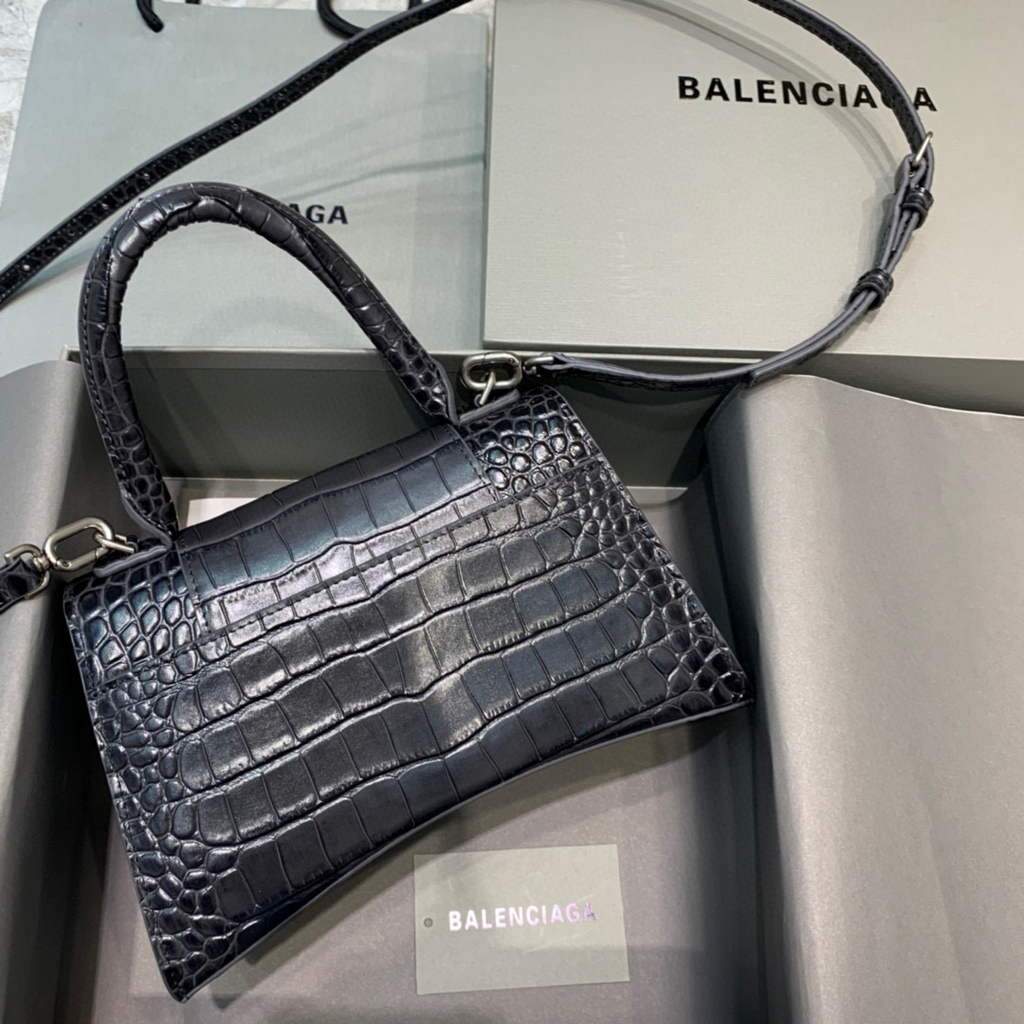 Balenciaga 593546 Hourglass Crocodile Bag Black Silver