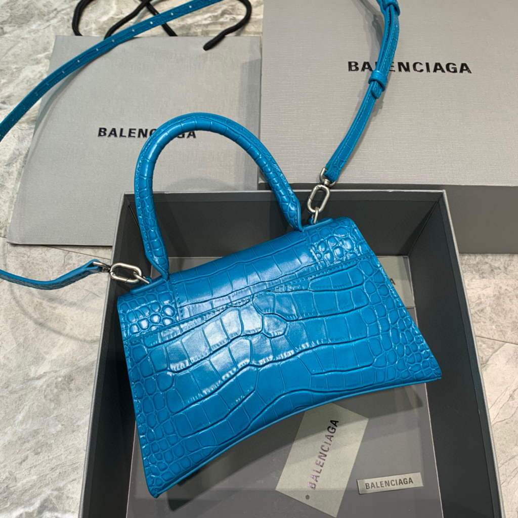 Balenciaga 593546 Hourglass Crocodile Classista Bag Blue Silver