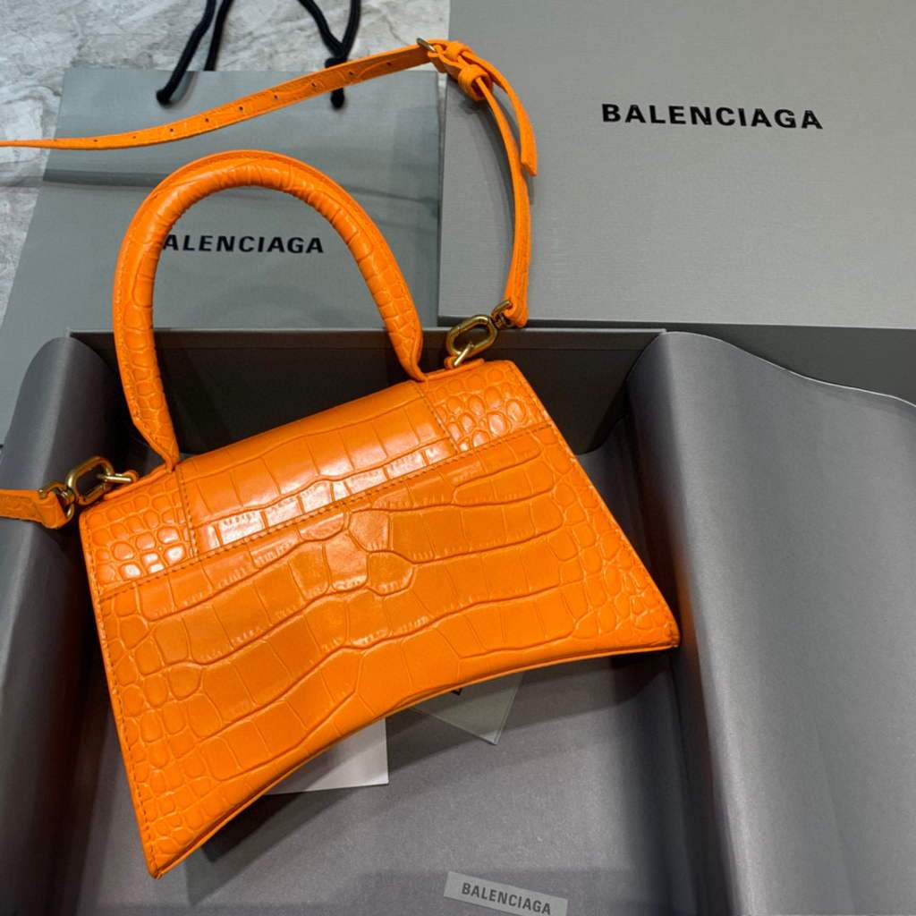 Balenciaga 593546 Hourglass Crocodile Classista Bag Orange Gold