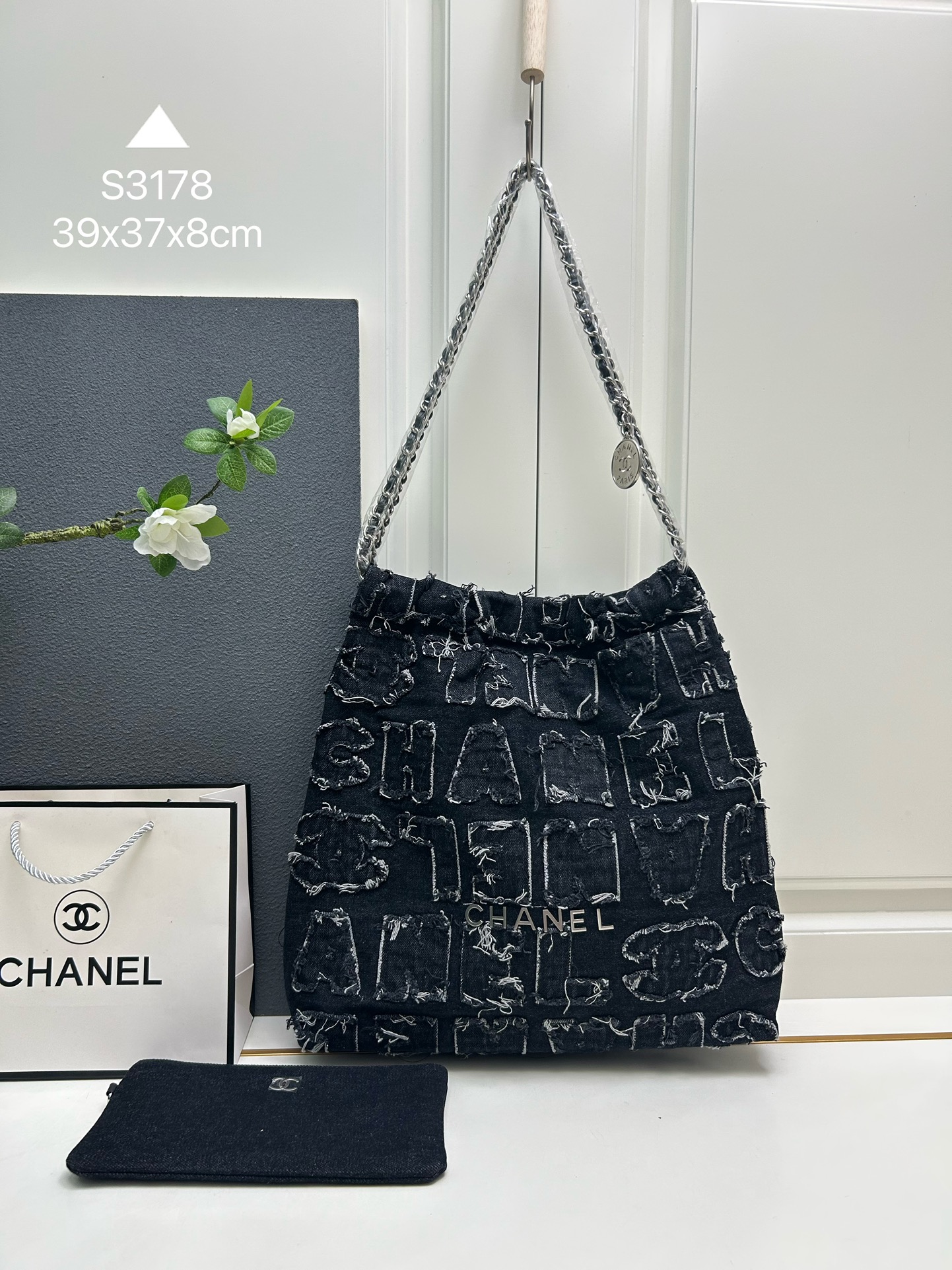 chanel handbags replica 24P denim garbage bag black color 3178