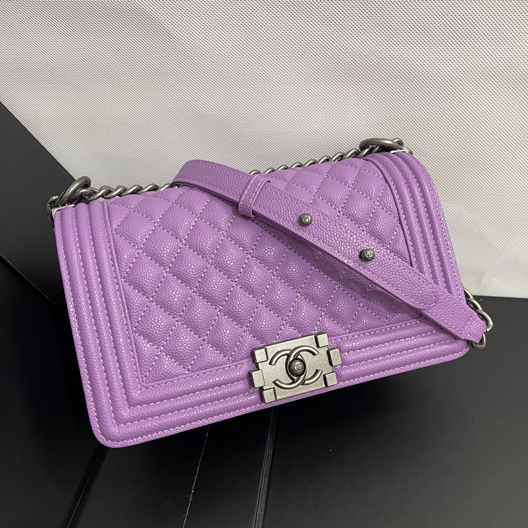 CHANEL antique silver buckle small lattice caviar ball pattern flap bag 67086 violet