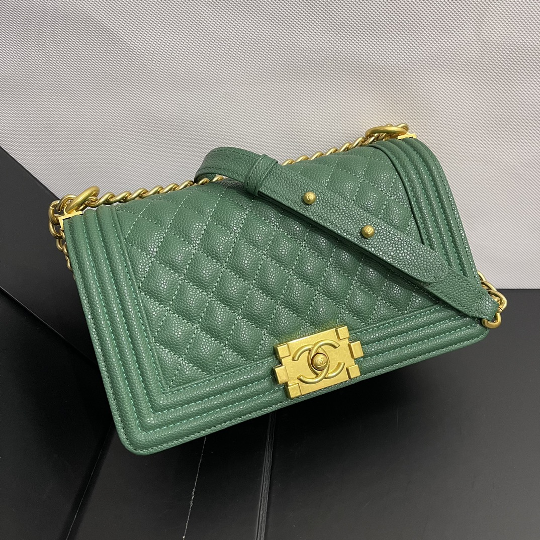 Chanel Small Check Caviar Ball Shape Textured Gilt Clasp 67086 dark green