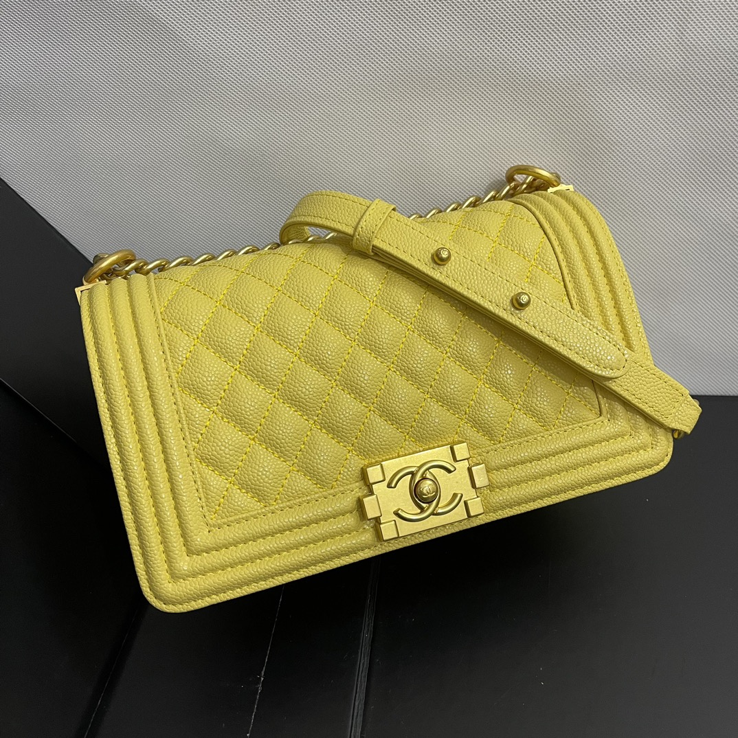 Chanel Small Check Caviar Ball Shape Textured Gilt Clasp 67086 yellow