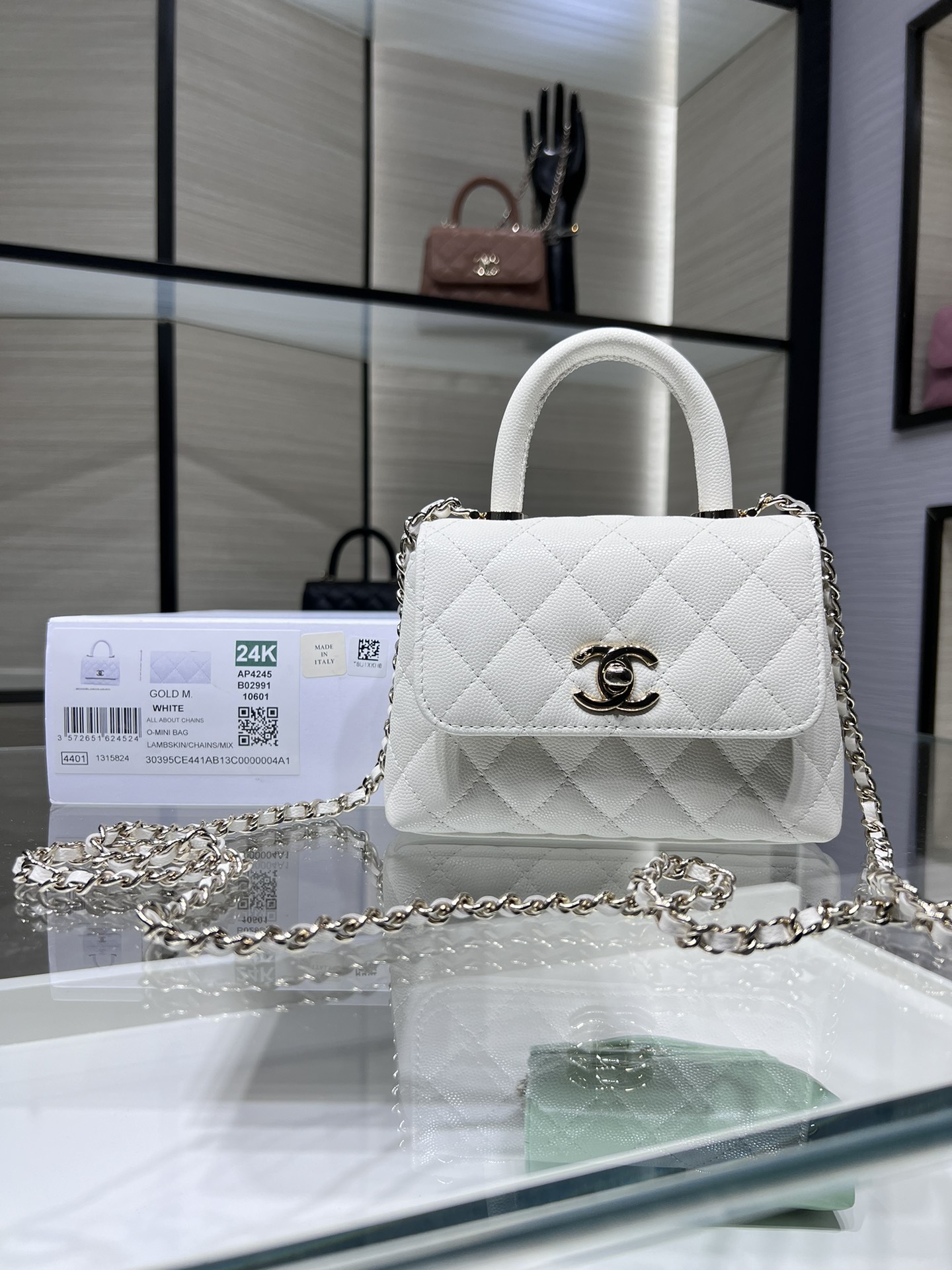 Chanel 24K White Caviar Nano Coco Handle AY7020