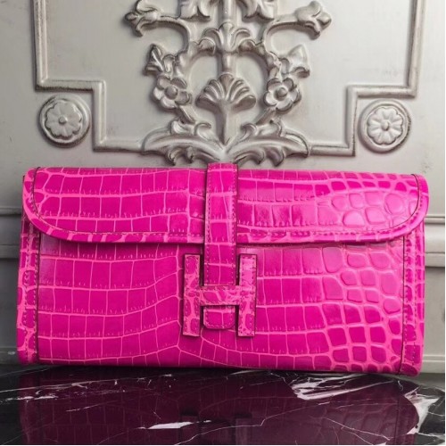 Hermes Jige Elan 29 Clutch In Rose Red Crocodile Leather