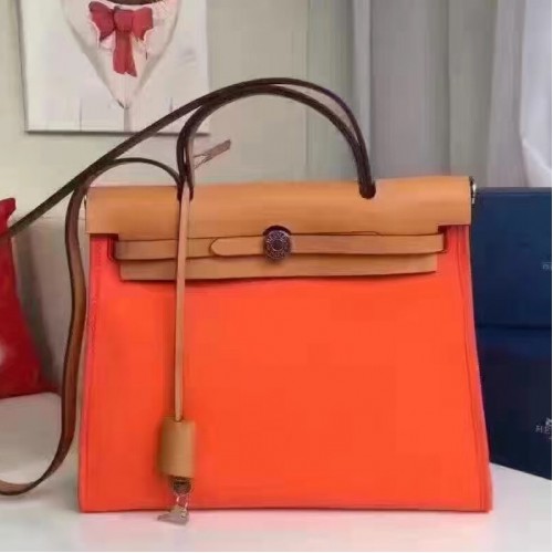 Hermes Herbag Zip PM 31cm Bag In Orange Canvas