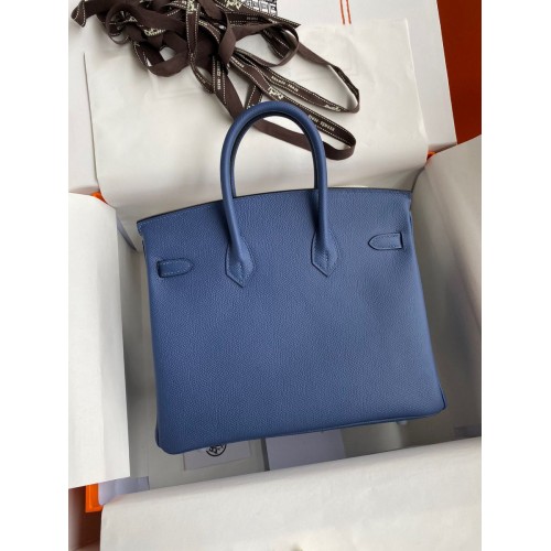 Hermes Birkin 25 Retourne Handmade Bag In Blue Agate Epsom Calfskin