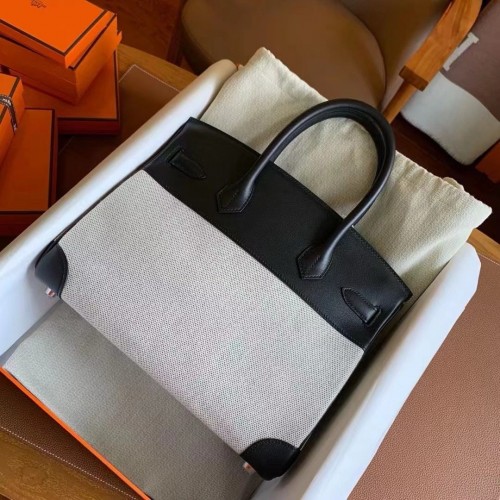 Hermes Birkin 30 Handmade Bag In Toile & Black Swift Leather