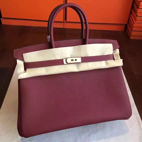 Hermes Bordeaux Clemence Birkin 35cm Handmade Bag