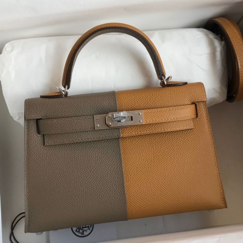 Hermes Kelly Mini II Sellier Tri-color Bag In Taupe/Sesame/Blue Nuit Epsom Calfskin