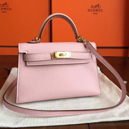 Hermes Rose Dragee Swift Kelly Mini II 20cm Handmade Bag