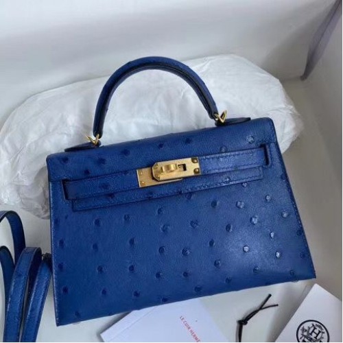 Hermes Kelly Mini II Sellier Handmade Bag In Blue Electric Ostrich Leather