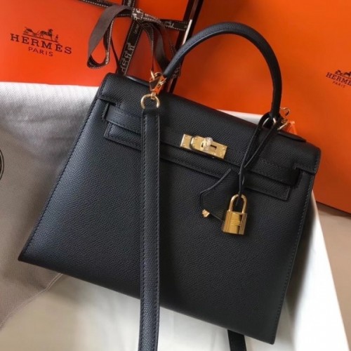 Hermes Black Epsom Kelly 25cm Sellier Handmade Bag