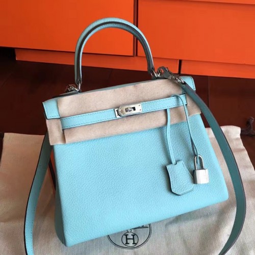 Hermes Blue Atoll Clemence Kelly 25cm Retourne Handmade Bag