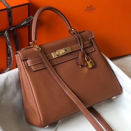 Hermes Brown Clemence Kelly 25cm GHW Bag