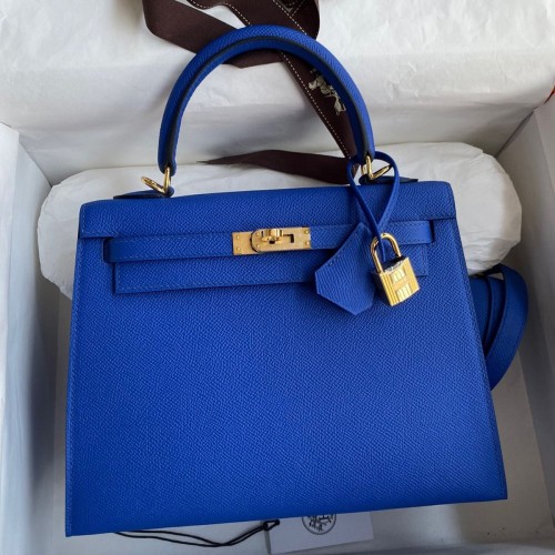 Hermes Kelly Sellier 25CM Handmade Bag In Blue France Epsom Calfskin