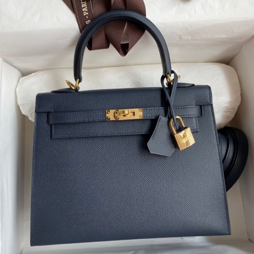 Hermes Kelly Sellier 25cm Handmade Bag In Blue Indigo Epsom Calfskin