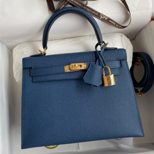 Hermes Kelly Sellier 25CM Handmade Bag In Deep Blue Epsom Calfskin