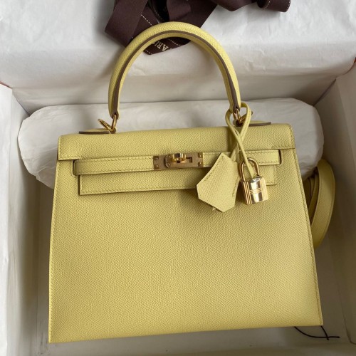 Hermes Kelly Sellier 25cm Handmade Bag In Jaune Poussin Epsom Calfskin