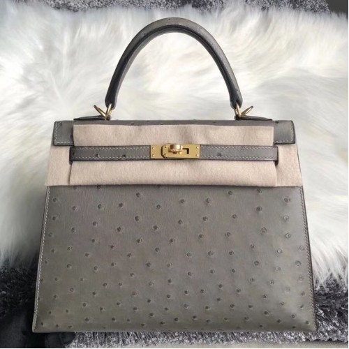 Hermes Kelly 25cm Handmade Bag In Gris Asphalt Ostrich Skin