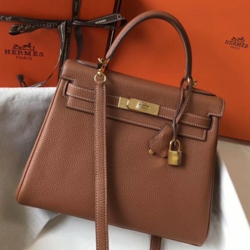 Hermes Brown Clemence Kelly 28cm Bag