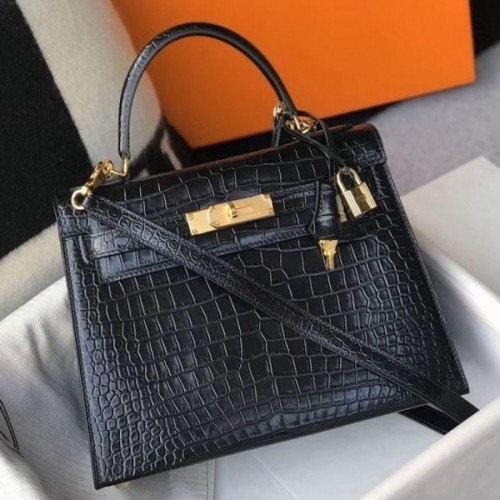 Hermes Kelly 28cm Bag In Black Embossed Crocodile GHW