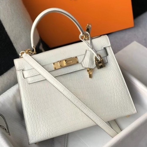 Hermes Kelly 28cm Bag In White Embossed Crocodile GHW