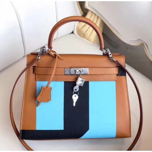 Hermes Multicolor Stripes Kelly 28cm Brown Bag