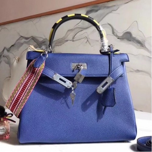 Hermes Blue Kelly 28cm Bag With Zigzag Handle