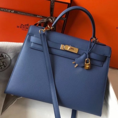 Hermes Kelly 32cm Sellier Bag In Blue Agate Epsom Leather