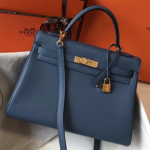 Hermes Kelly 32cm Bag In Blue Agate Clemence Leather GHW