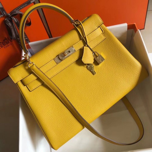 Hermes Kelly 32cm Bag In Yellow Clemence Leather GHW