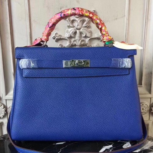 Hermes Blue Electric Clemence Kelly 32cm Retourne Bag