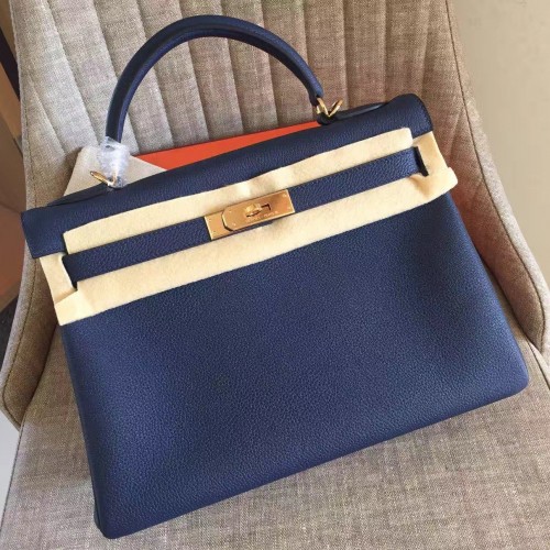 ermes Sapphire Clemence Kelly Retourne 32cm Handmade Bag