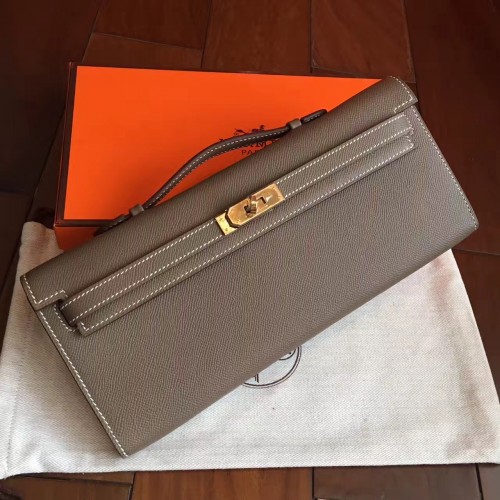 Hermes Etoupe Epsom Kelly Cut Clutch Handmade Bag