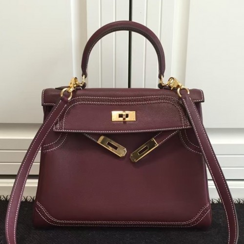 Hermes Kelly Ghillies 28cm In Burgundy Swift Leather