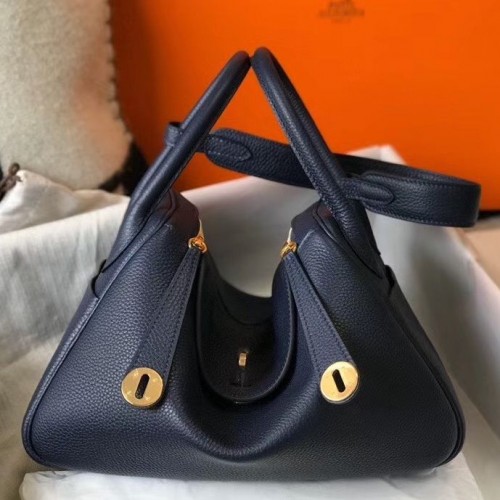 Hermes Lindy 30cm Bag In Navy Blue Clemence Leather