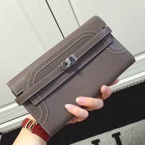 Hermes Kelly Ghillies Wallet In Etoupe Swift Leather