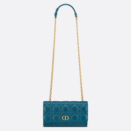 Dior Caro Belt Pouch with Chain In Steel Blue Calfskin