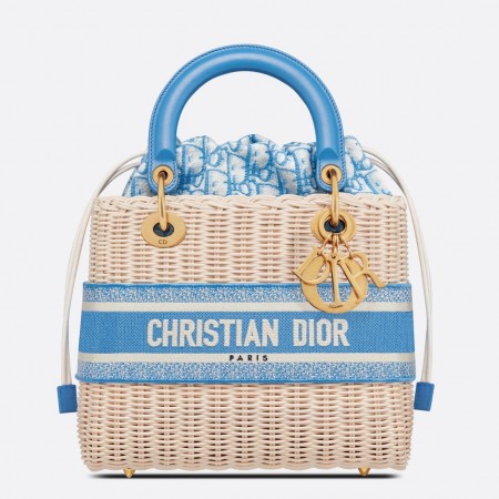 Dior Medium Lady Dior Bag In Wicker and Light Blue Oblique Jacquard