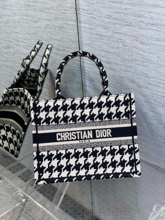 Dior Small Book Tote Bag In Micro Houndstooth Embroidery