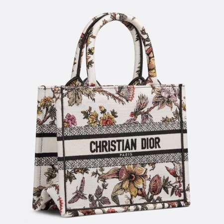 Dior Small Book Tote Bag In White Multicolor Jardin Botanique Embroidery