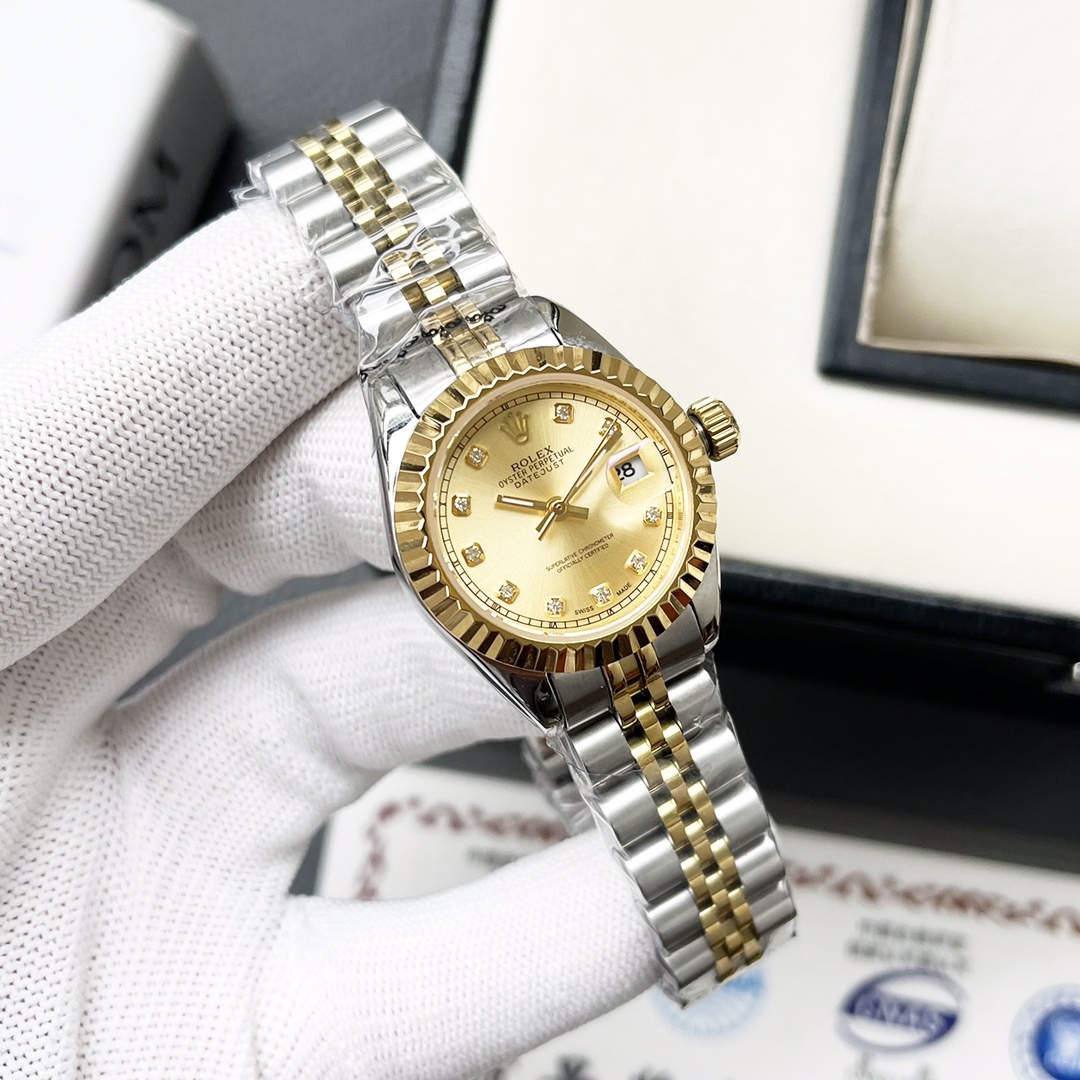 Replica Rolex Watches 1227 Silver-Gold Strap with Gold Frame-Gold Dial